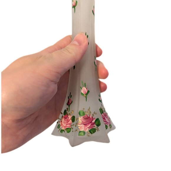 Vintage Frosted Glass Vase Hand Painted Flower Pattern Gold Edge Retro Decor - Picture 3 of 5
